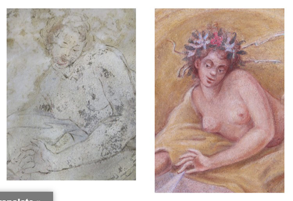 Srovnávací fotografie z článku Jany Zapletalové na webu UHS. Vlevo torzo nástěnné malby po jejím objevení, vpravo její podoba po „restaurování“.